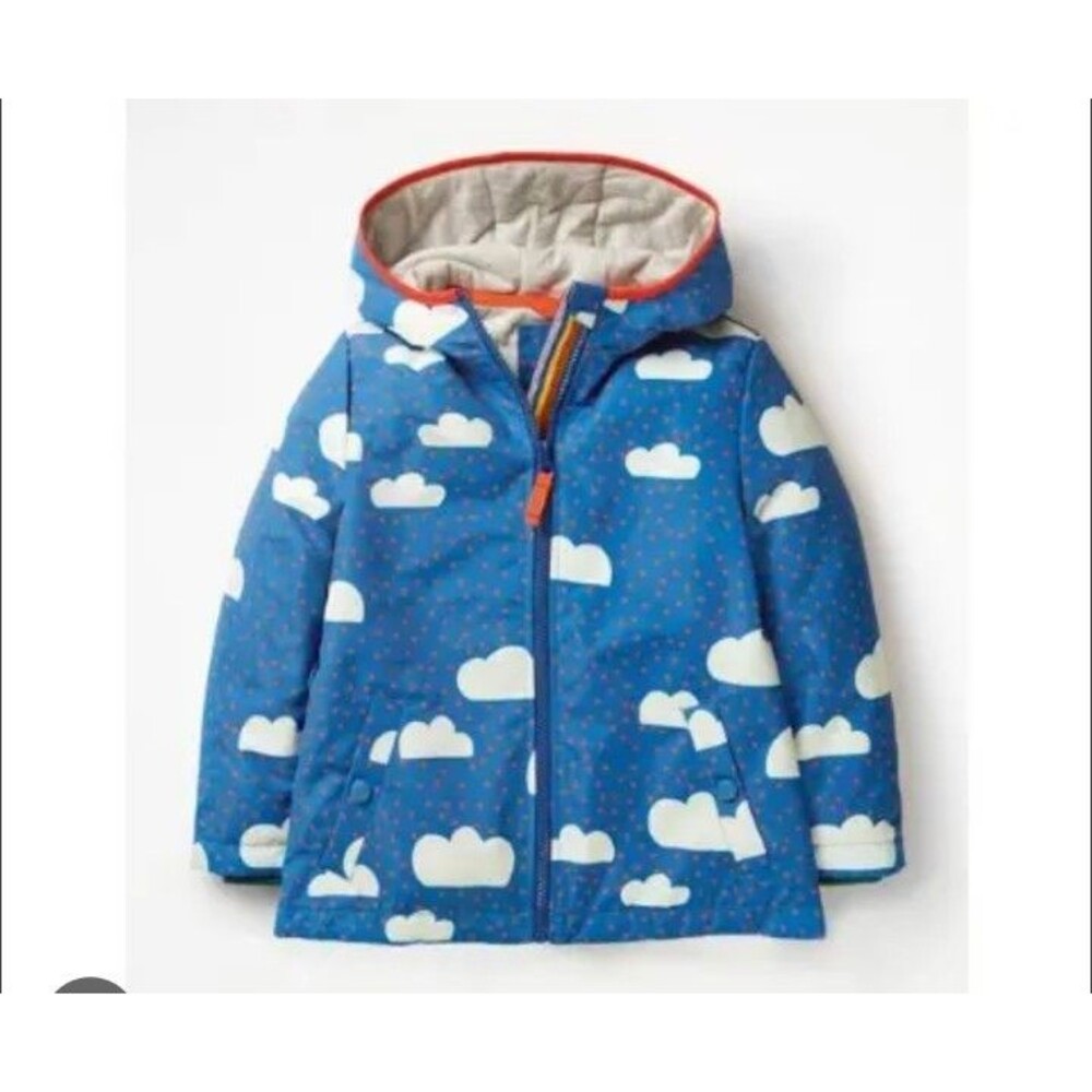 Mini Boden Girls Print Hooded Zip Puffer Jacket Cloud/Hearts Print size 3/4
